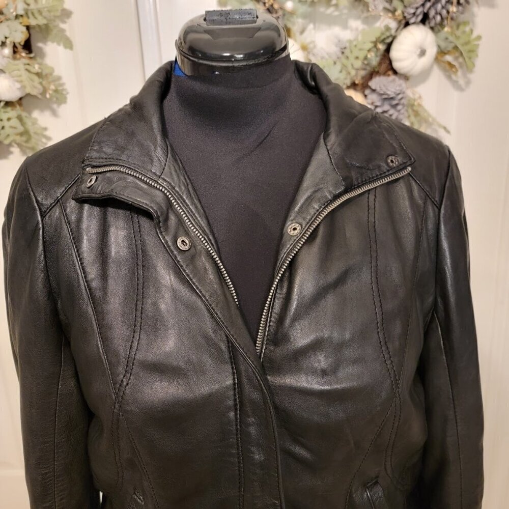 Andrew Marc Black Leather Moto Biker Jacket Women’s L | Classic Streetwear - Picture 2 of 12